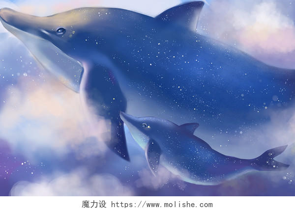 海洋插画手绘卡通海豚和海梦幻主题素材